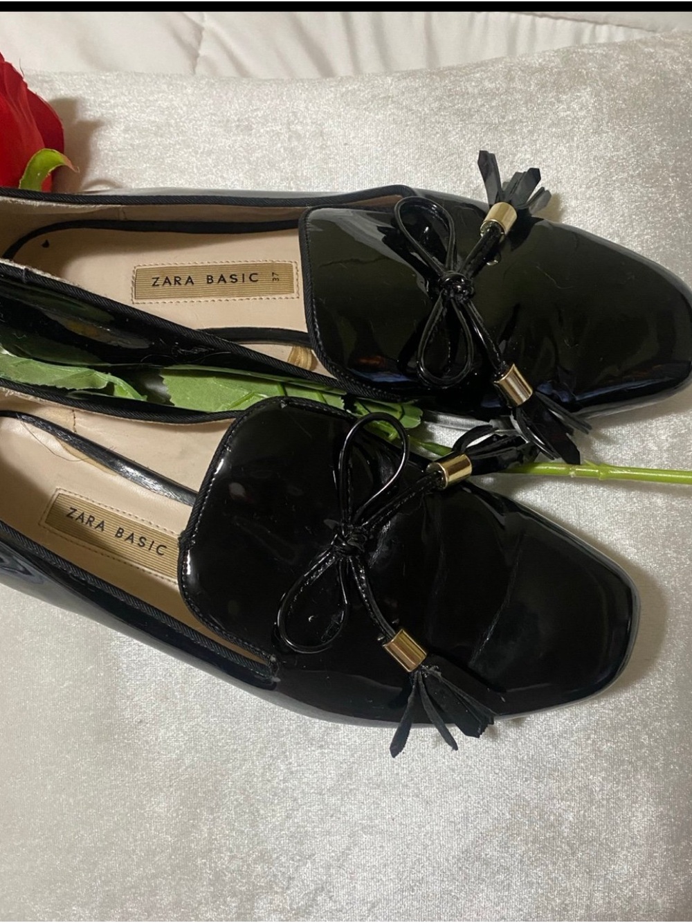 Zara Black Patent Loafers with Tassel Bow Detail